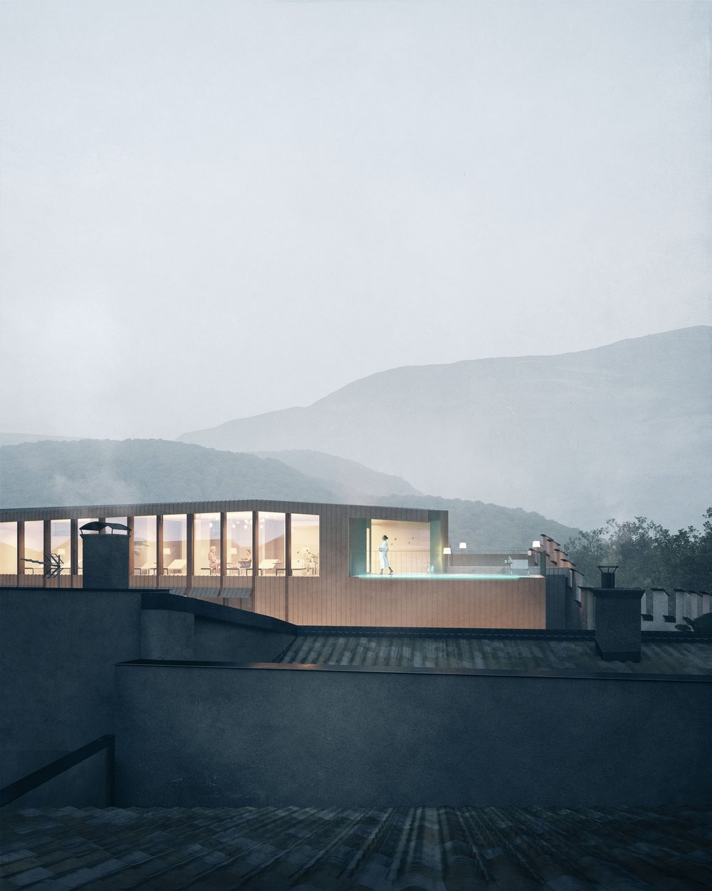 Edificio moderno con grandi finestre e interni illuminati di notte