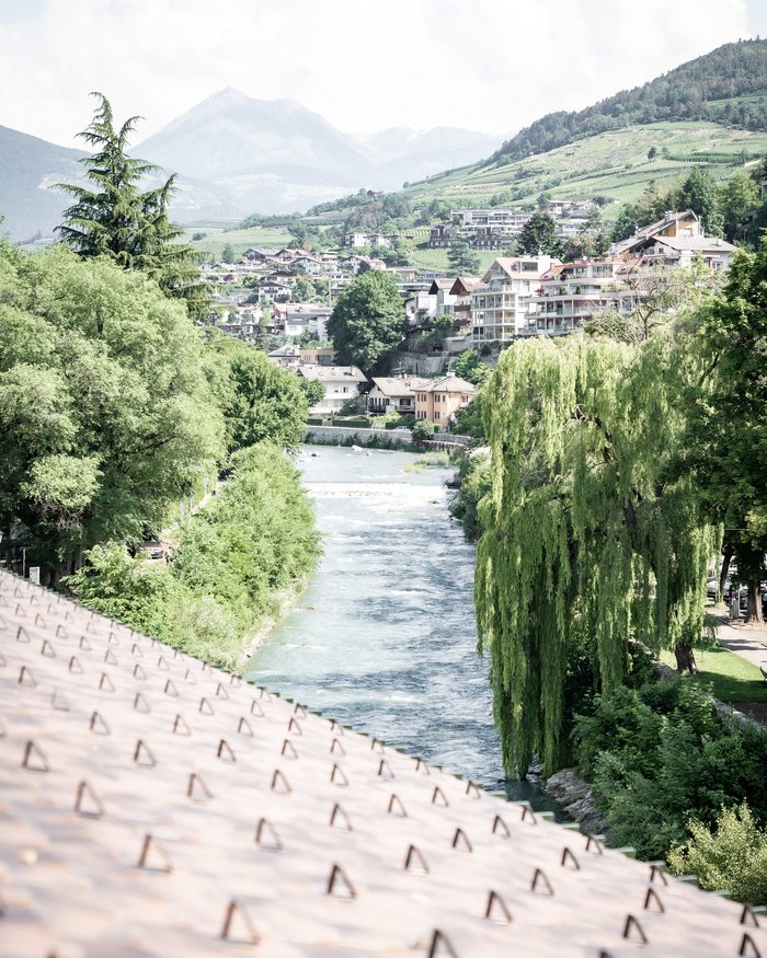 Fiume tra paesaggio verde con case e montagne sullo sfondo