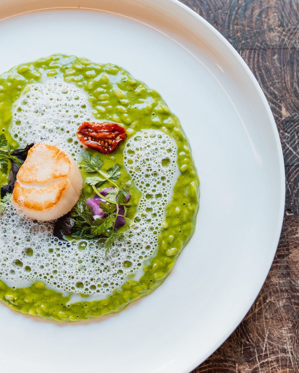 Risotto verde con capasanta e schiuma su piatto bianco