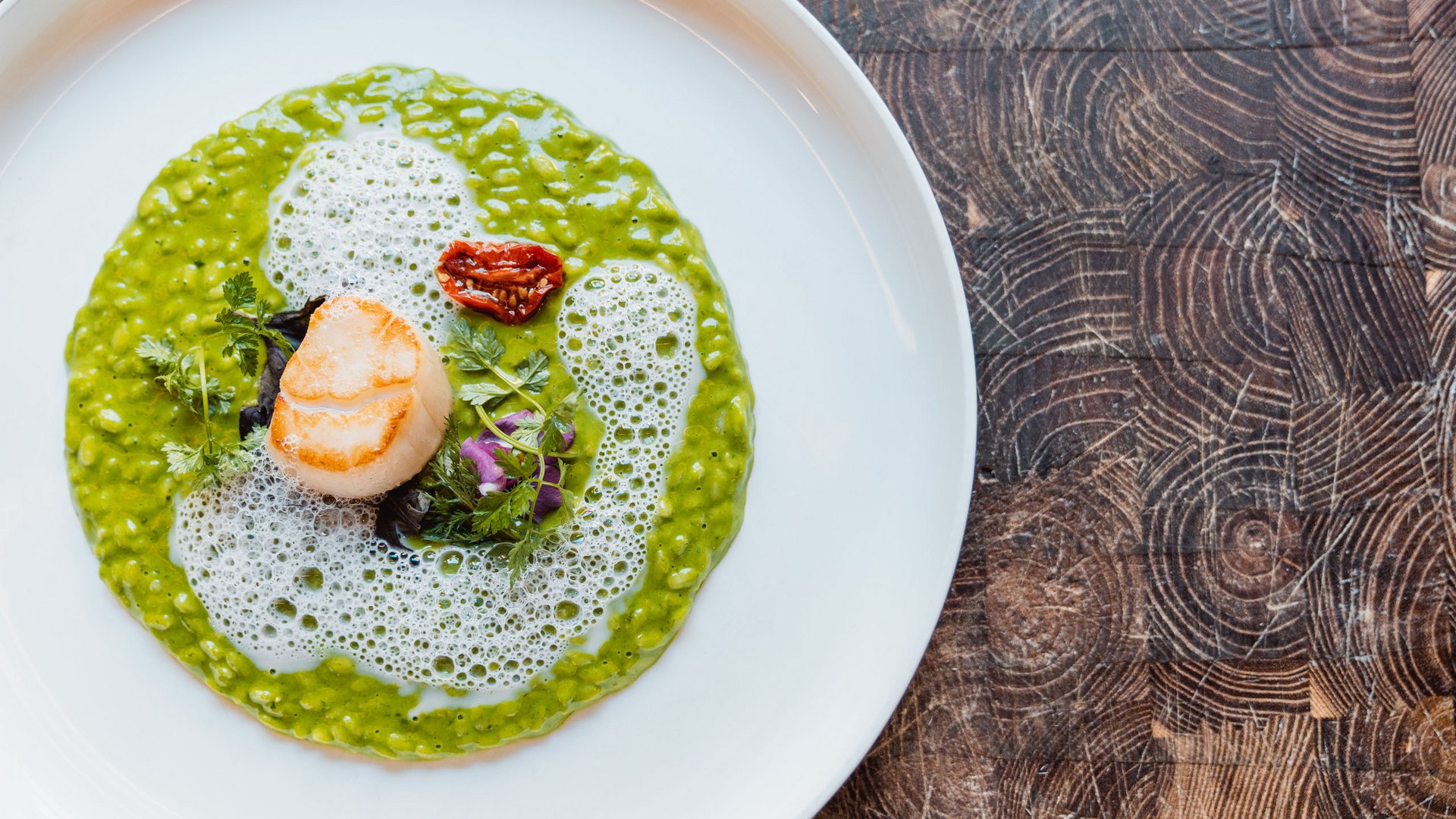 Risotto verde con capasanta e schiuma su piatto bianco