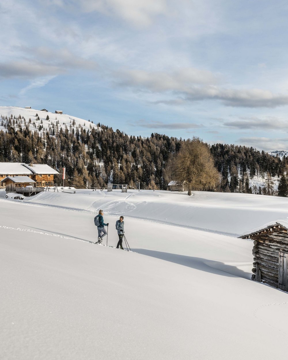Due persone con racchette da neve in paesaggio montano innevato con baite