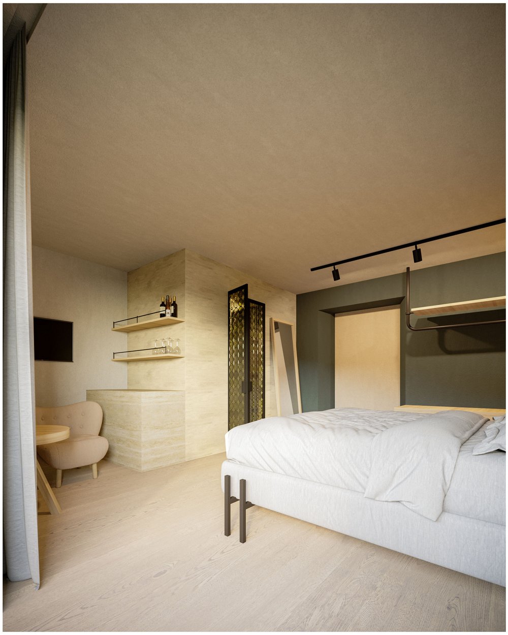 Camera da letto moderna con letto matrimoniale, poltrona e angolo bar