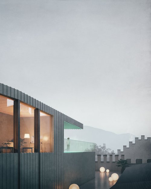 Balcone moderno con ringhiera in vetro e terrazza illuminata al crepuscolo