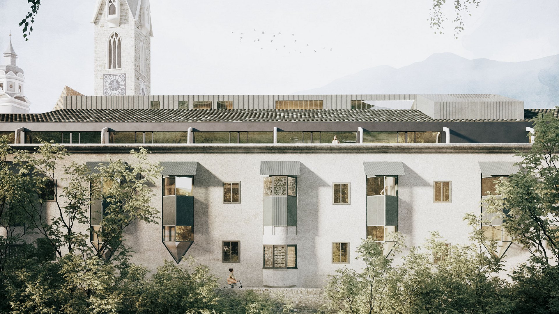 Edificio antico con campanile a punta e fiume in primo piano