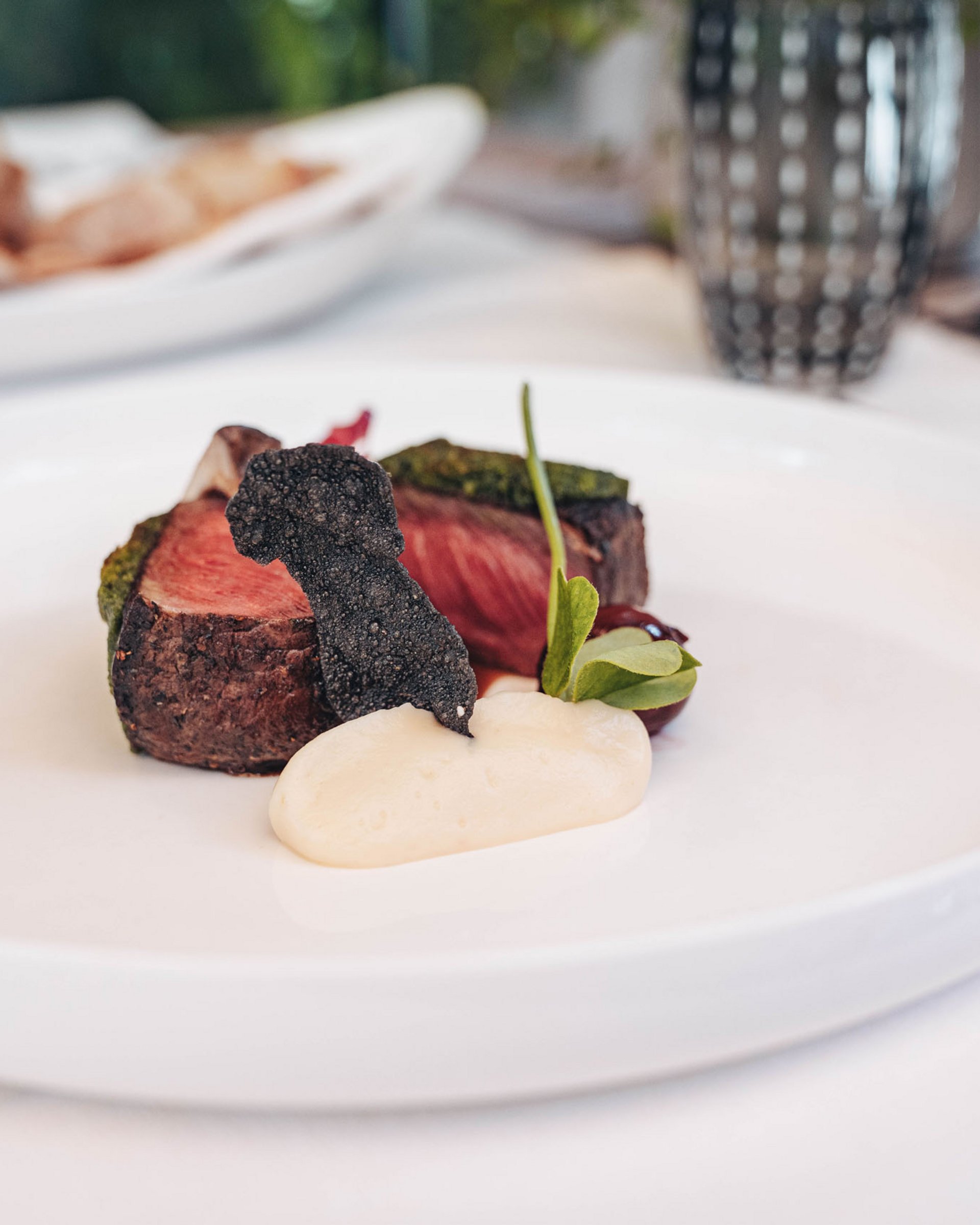 Piatto gourmet con carne media cottura, tartufo nero e salsa su piatto bianco